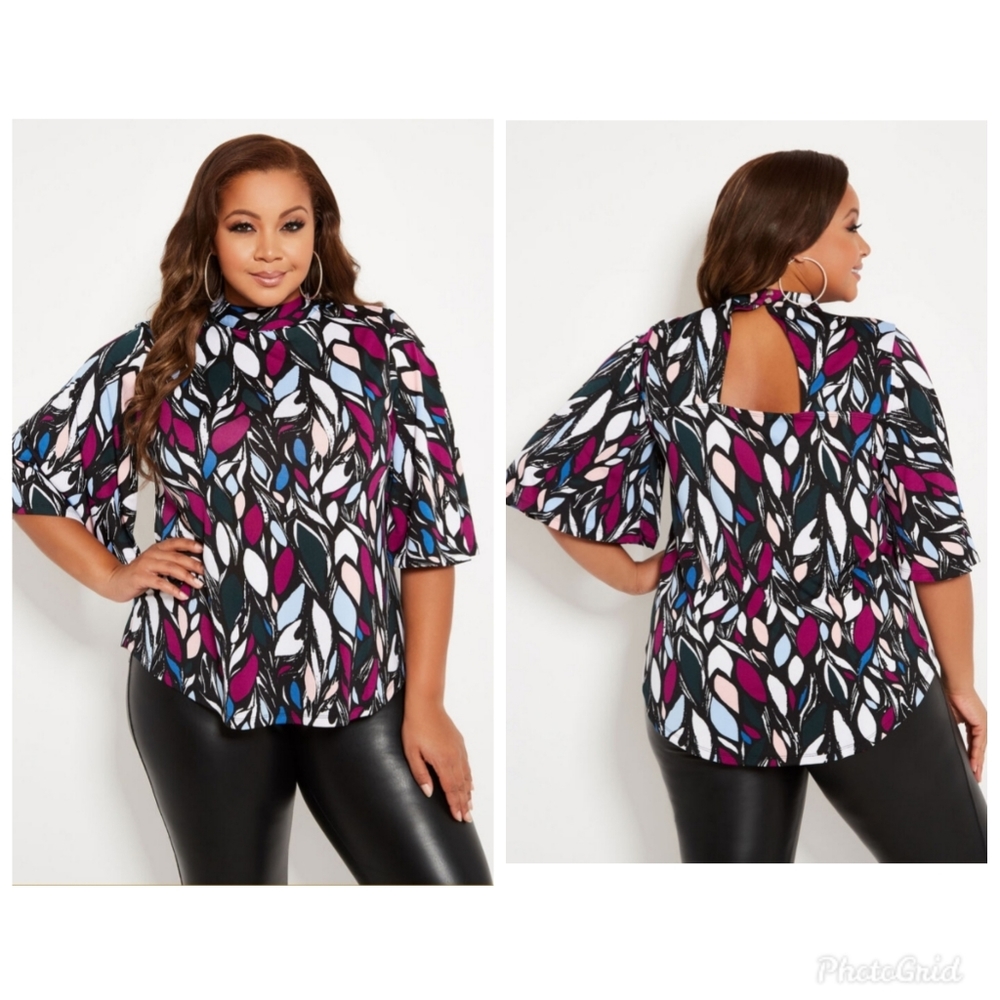 Ashley Stewart Mock Neck Flared Sleeve Prin